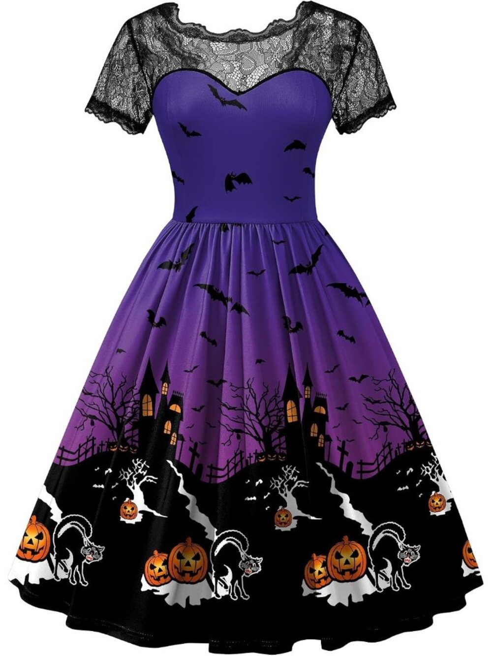 🆕 Women's Halloween Purple Lace Dress Black Cat Castle Pumpkin Retro